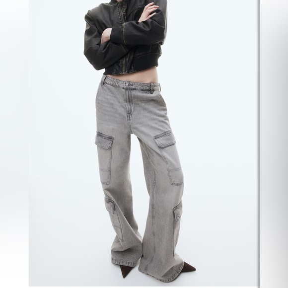 H&M Denim - Gray Denim Cargo Pants Grunge Wide Leg